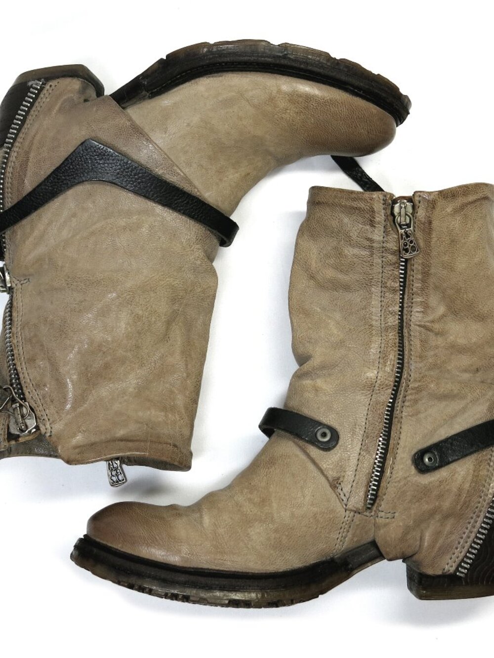 A.S. 98 Beige Double Zippered Boots, EU 38, US 8,Rare, Biker-Boho Strapped Boots - Picture 9 of 16